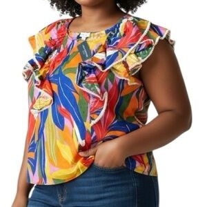 Marc New York Tropical Ruffle Multicolored blouse Cotton Plus Size 2X Flowy NWT